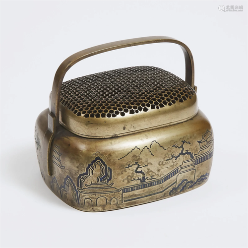 A Chinese Bronze 'Landscape' Handwarmer and Cover,...