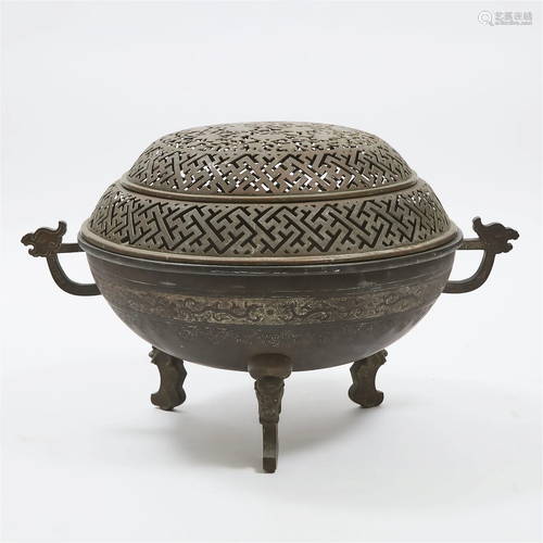 A Massive Chinese Bronze Tripod Incense Burner/Brazier and