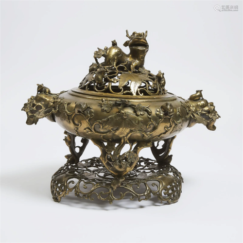 A Large Gilt Bronze 'Qilin' Censer, Cover and Stan...