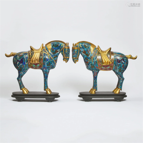 A Pair of Large Cloisonné Enamel Figures of Horses, Mid 20t
