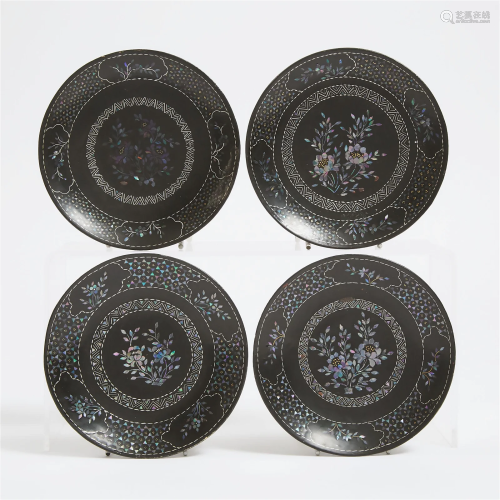 A Set of Four Lac Burgaute Plates, Qianlong Mark, 19th Cent