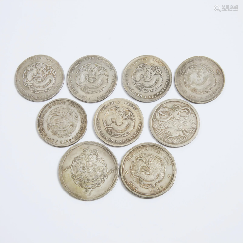 Nine Chinese Silver Coins With Late Qing Dynasty Marks, 银币...