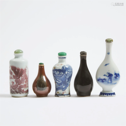 A Group of Five Porcelain Snuff Bottles, Qing Dynasty, 19th