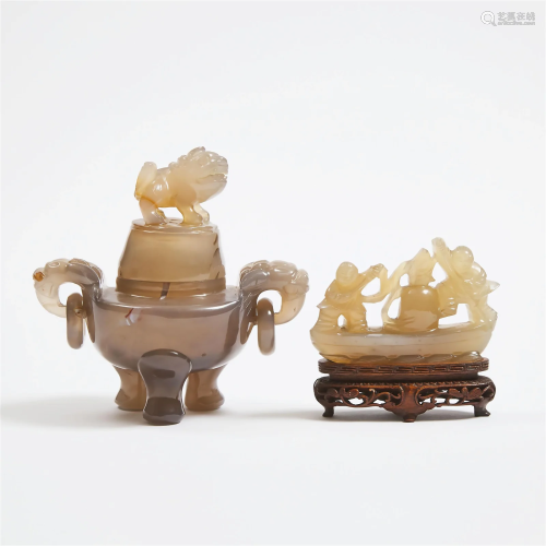 An Agate Tripod Censer and Cover, Together With an Agate &#x...