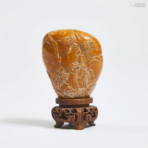 A Chinese Soapstone Seal and Wood Stand, 19th/20th Century,