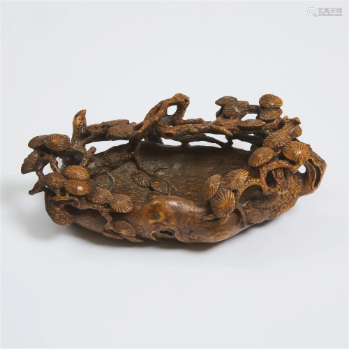 A Chinese Carved Bamboo Root 'Pine' Brush Washer, ...