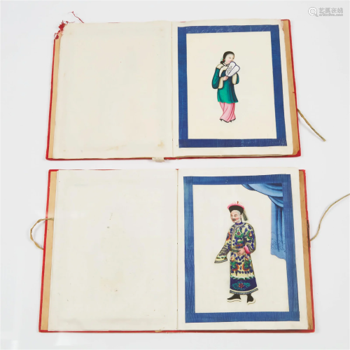 Two Chinese Export Pith Painting Albums, 19th Century, 清 十...