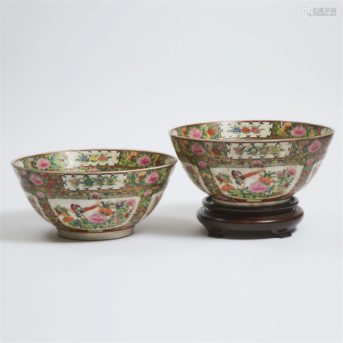 A Pair of Large Canton Famille Rose Punch Bowls, Early to M