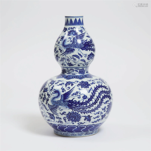 A Blue and White 'Phoenix' Double-Gourd Vase, 20th...