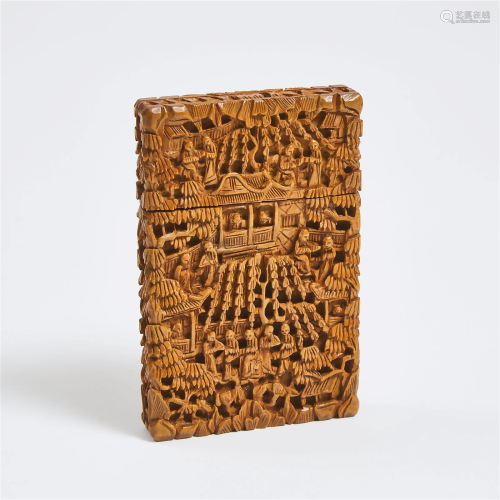 A Chinese Carved Sandalwood Card Case, 19th Century, 清 十九...