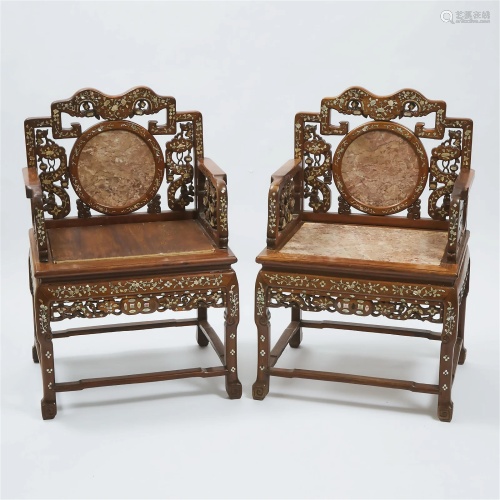 A Pair of Chinese Carved Rosewood Mother-of-Pearl Inlaid an