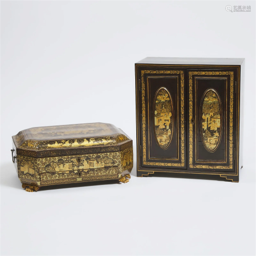 A Chinese Export Black and Gilt Lacquered Tabletop Cabinet
