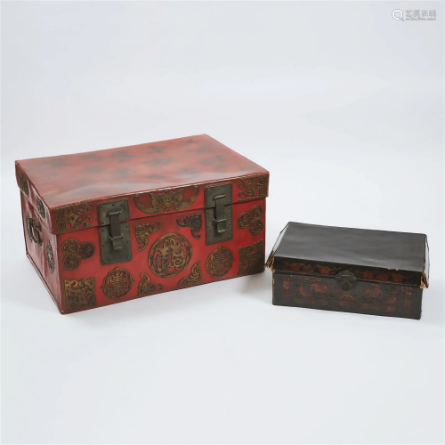 Two Chinese Red and Black Lacquered Pigskin Leather Boxes,