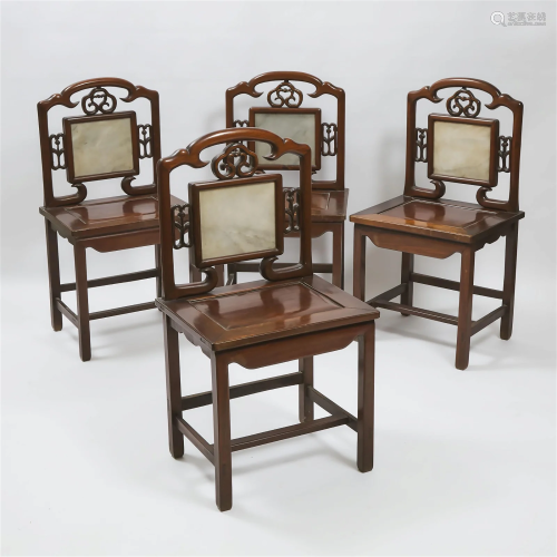 A Set of Four Marble-Inset Rosewood Chairs, Mid 20th Centur