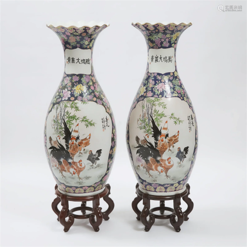 A Pair of Large Famille Rose 'Rooster' Floor Vases...
