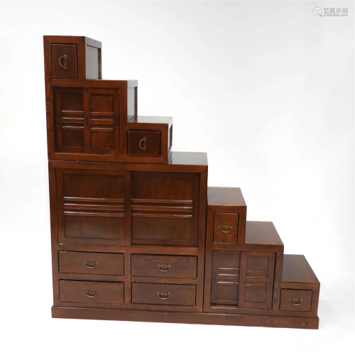 A Japanese Hardwood Two-Section Step Cabinet (Kaidan Tansu)