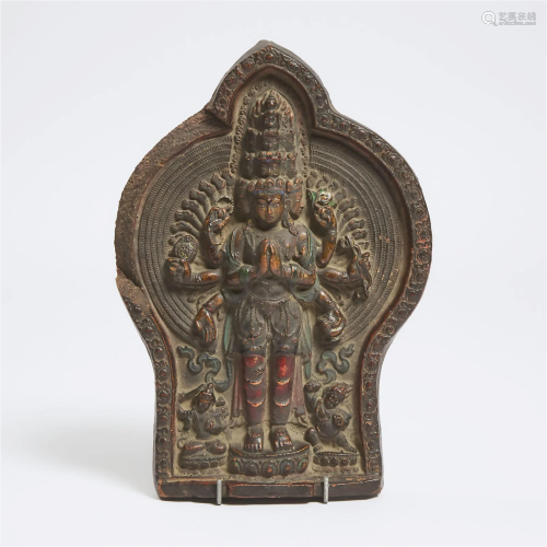 A Large Tibetan Terracotta Plaque of Avalokiteshvara with M