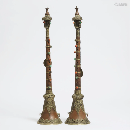 A Pair of Tibetan Wood and Metal Trumpet Horns Inlaid with