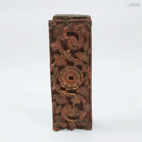 A Large Nepalese Gilt and Polychrome Carved Wood Beam, 18th