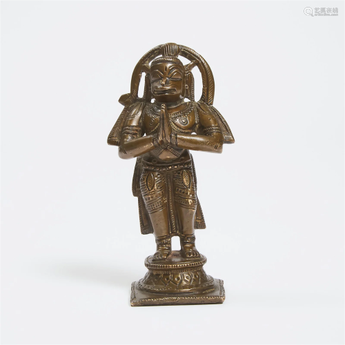 An Indian Bronze Figure of Hanuman, 19th Century, height 5