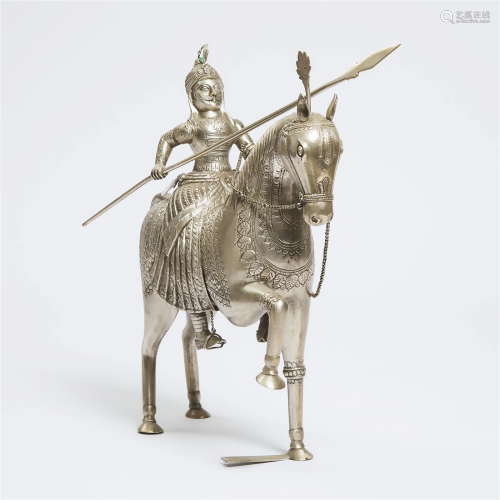 A Large Indian Silver Figure of a Prince on Horseback, Circ