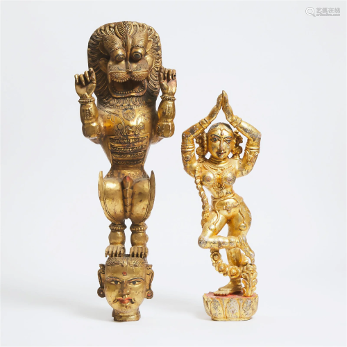Two Large Indian Gilt Wood Figures of a Standing Lion and a