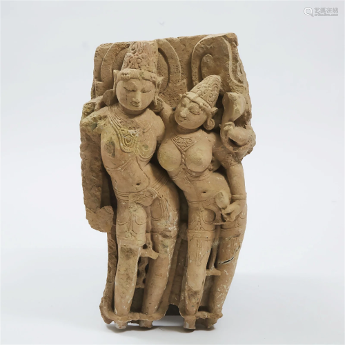 A Large Indian Stone Carving of a Pair of Male and Female D
