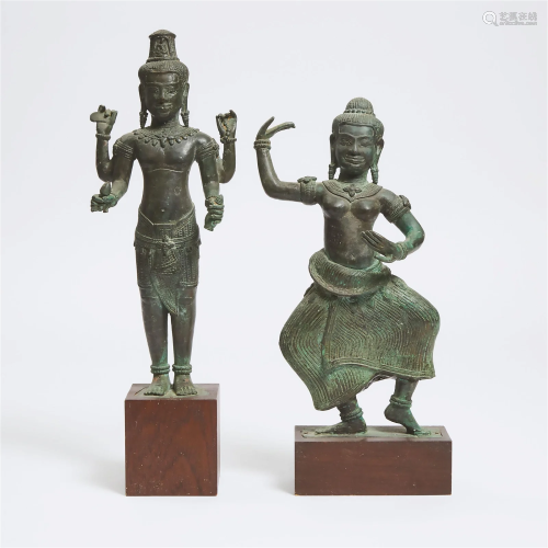 Two Khmer Bronze Figures of a Four-Armed Deity and a Dancer