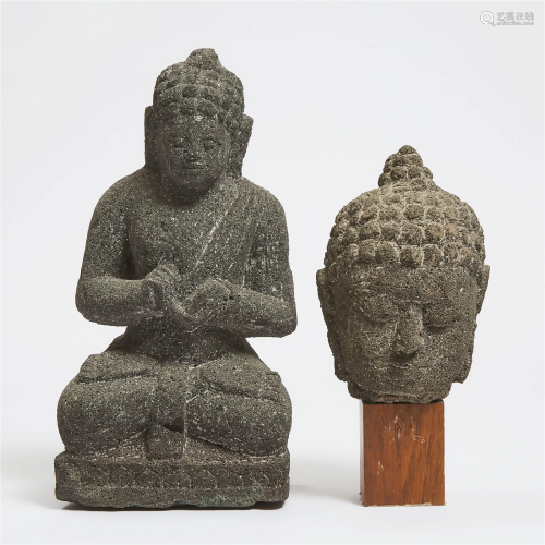 Two Javanese Volcanic Stone Carvings of Buddha, 14th Centur