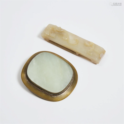 A White Jade Scabbard Slide, Together With a White Jade Ins