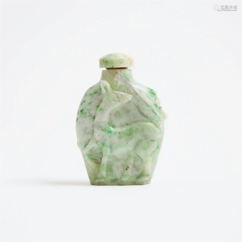 A Carved Jadeite 'Deer and Lotus' Group Snuff Bott...