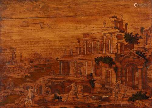 PANNEAU de bois marqueté.Paysage de ruines antiques animé de...