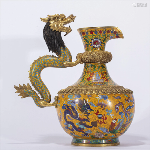 A CHINESE CLOISONNE ENAMEL FLOWER DRAGON HANDLE EWER