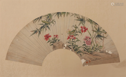 A CHINESE FAN SHAPED PAINTING OF FLOWERS