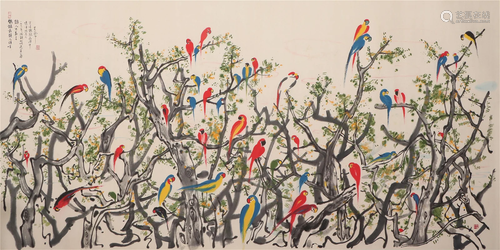 A CHINESE PAINTING OF BIRDS AND TREES