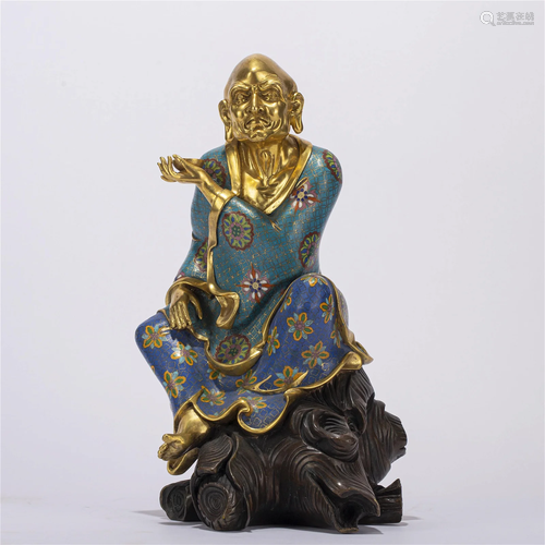 A CHINESE CLOISONNE ENAMEL LUOHAN BUDDHA STATUE