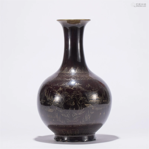 A CHINESE BROWN GLAZE PORCELAIN GOLD PAINTED VIEWS VASE