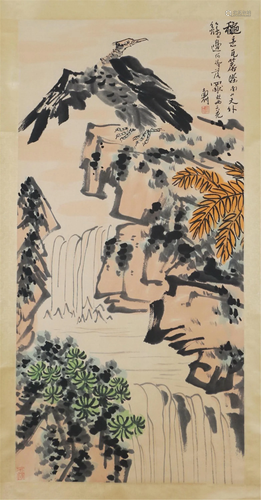 A CHINESE PAINTING OF EAGLE AND MOUNTAINS