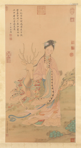 A CHINESE PAINTING OF LADY AND DEER