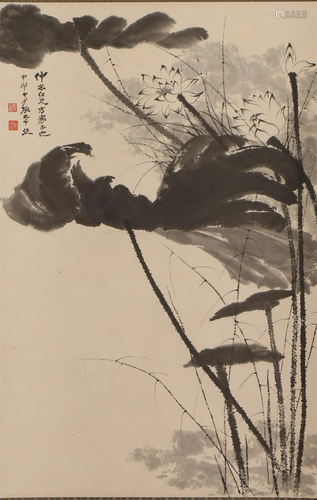 A CHINESE PAINTING OF LOTUS FLOWERS