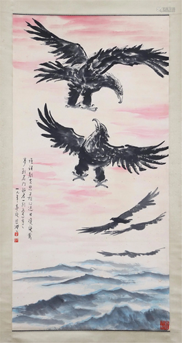 A CHINESE PAINTING OF FLYING EAGLES