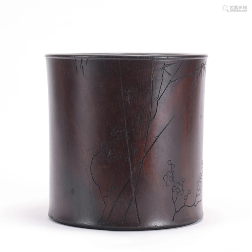 A CHINESE WOODEN BRUSH POT