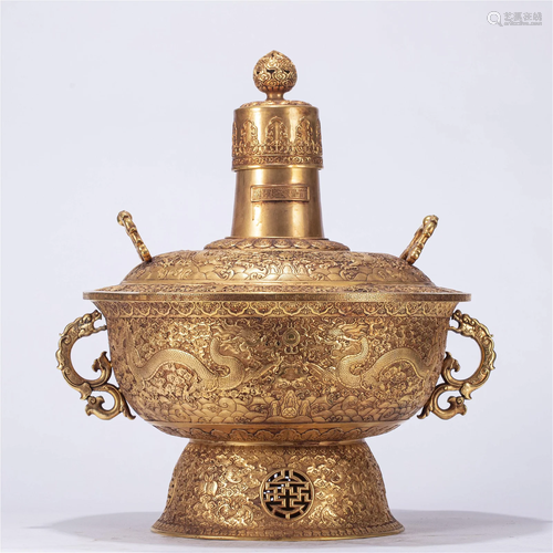 A CHINESE GILT BRONZE HOT POT