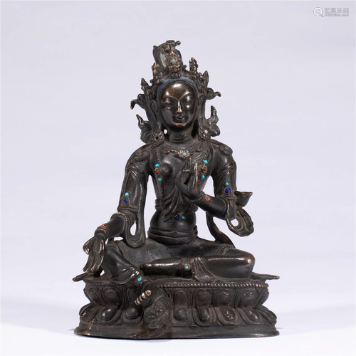 A CHINESE BRONZE INLAID TURQUOISE FIGURE OF BUDDHA STATUE