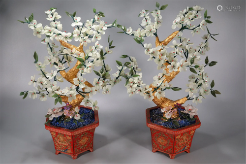 A PAIR OF CHINESE JADE PLUM FLOWERS POTTED LANDSCAPE