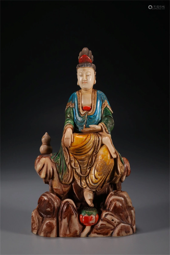 A CHINESE SHOUSHAN STONE COLORFUL PAINTED GUANYIN BUDDHA STA...