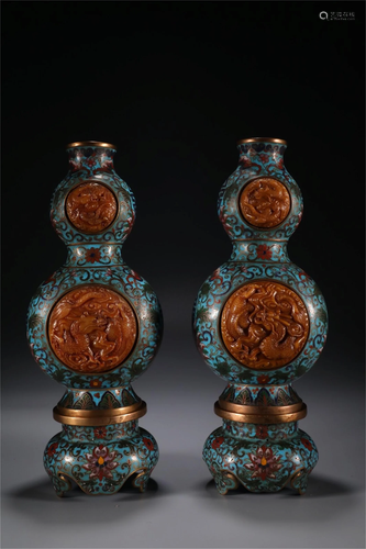 A PAIR OF CHINESE CLOISONNE INLAID SOAPSTONE DRAGON VIEWS VA...