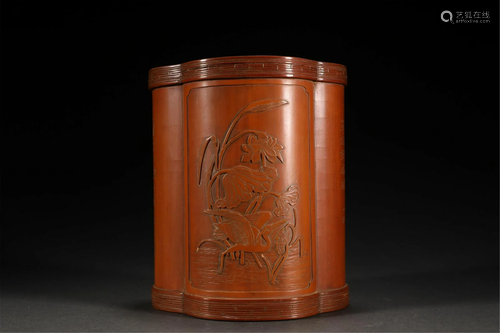 A CHINESE WOODEN BRUSH POT