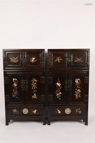 A PAIR OF CHINESE ZITAN INLAID GEMSTONES EIGHT IMMORTALS CAB...