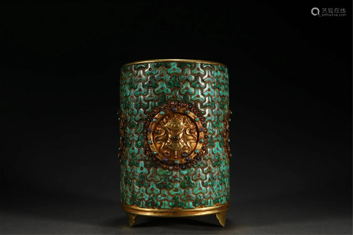 A CHINESE GILDING INLAID TURQUOISE BRUSH POT